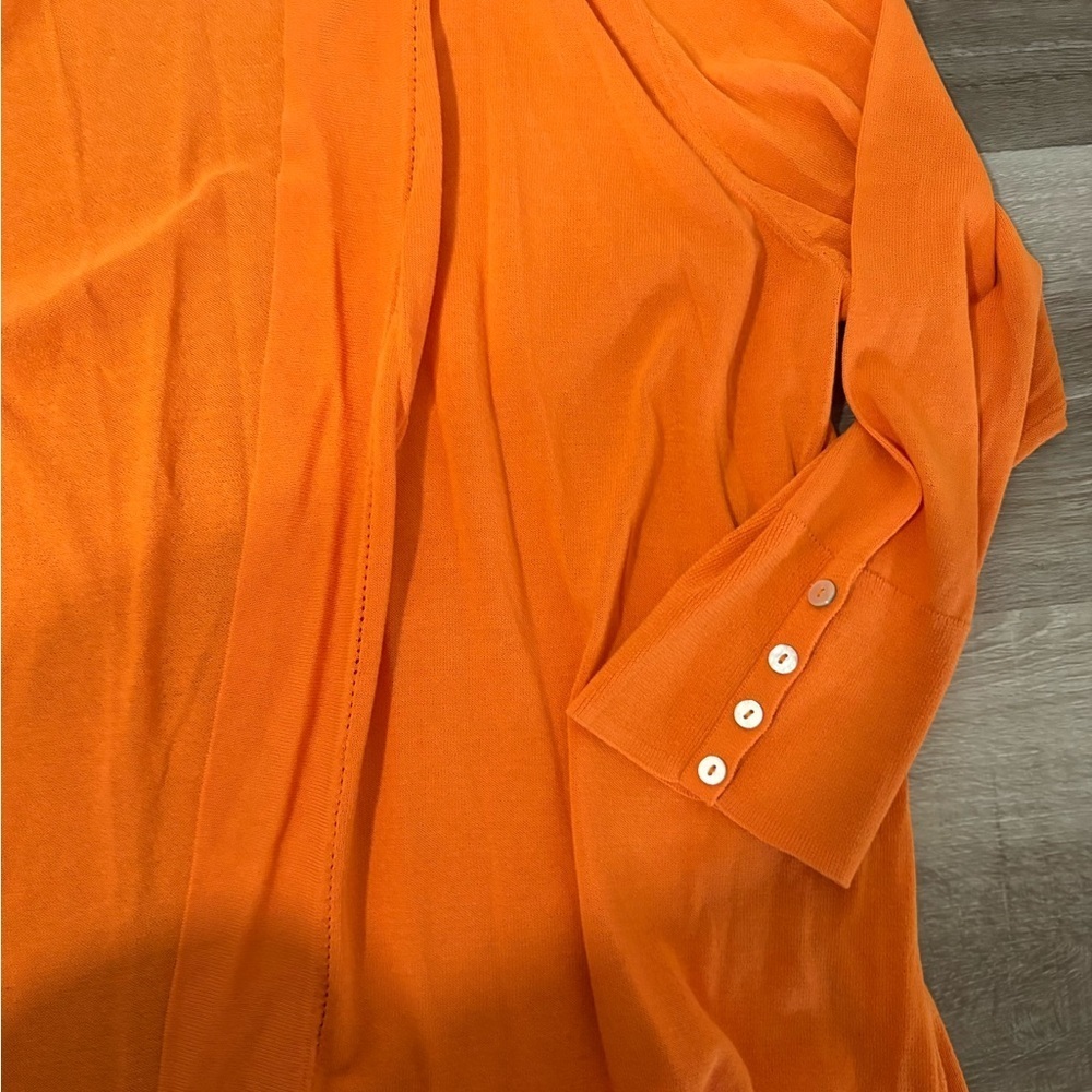 Chico's Vibrant Orange Open Front Cardigan with relaxed drape style. Size XL - Picture 4 of 6